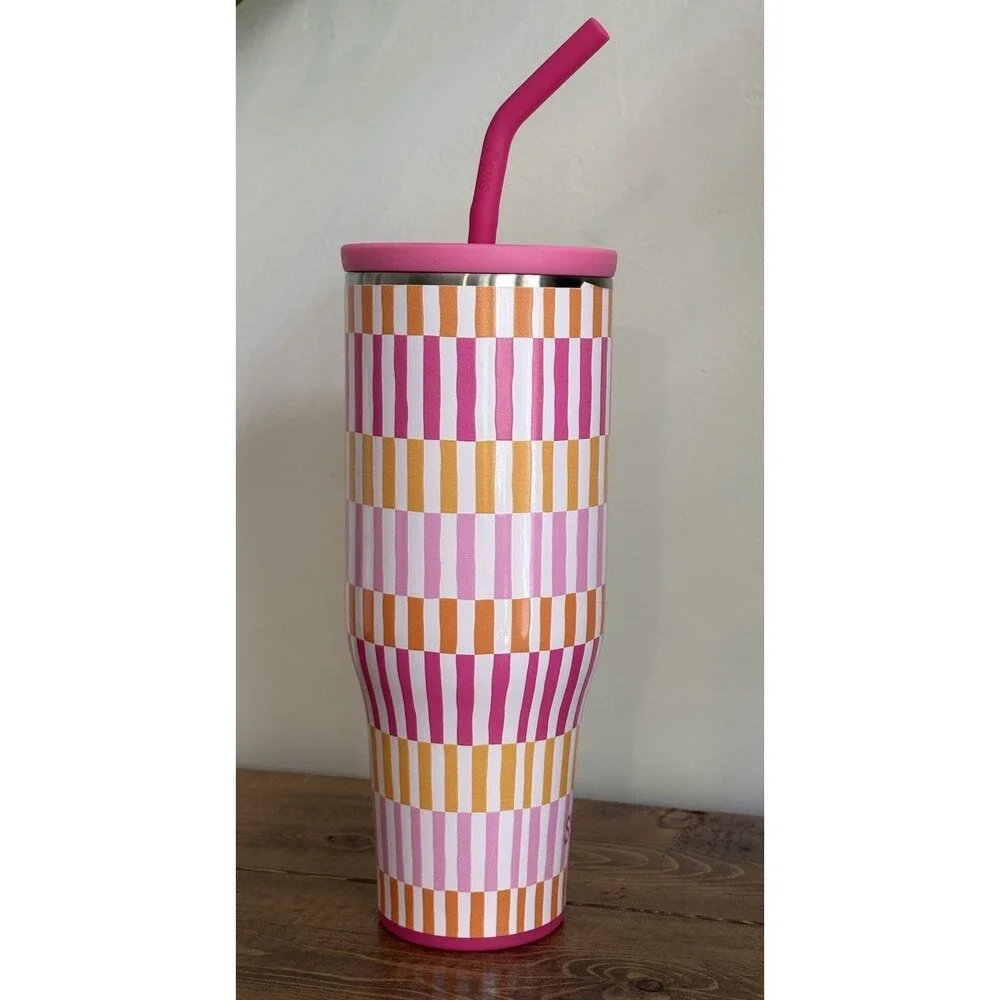Swig Life Mega Mug Sherbet Stripe Tumbler w/Handle & Straw 40 Oz Cabana Stripe